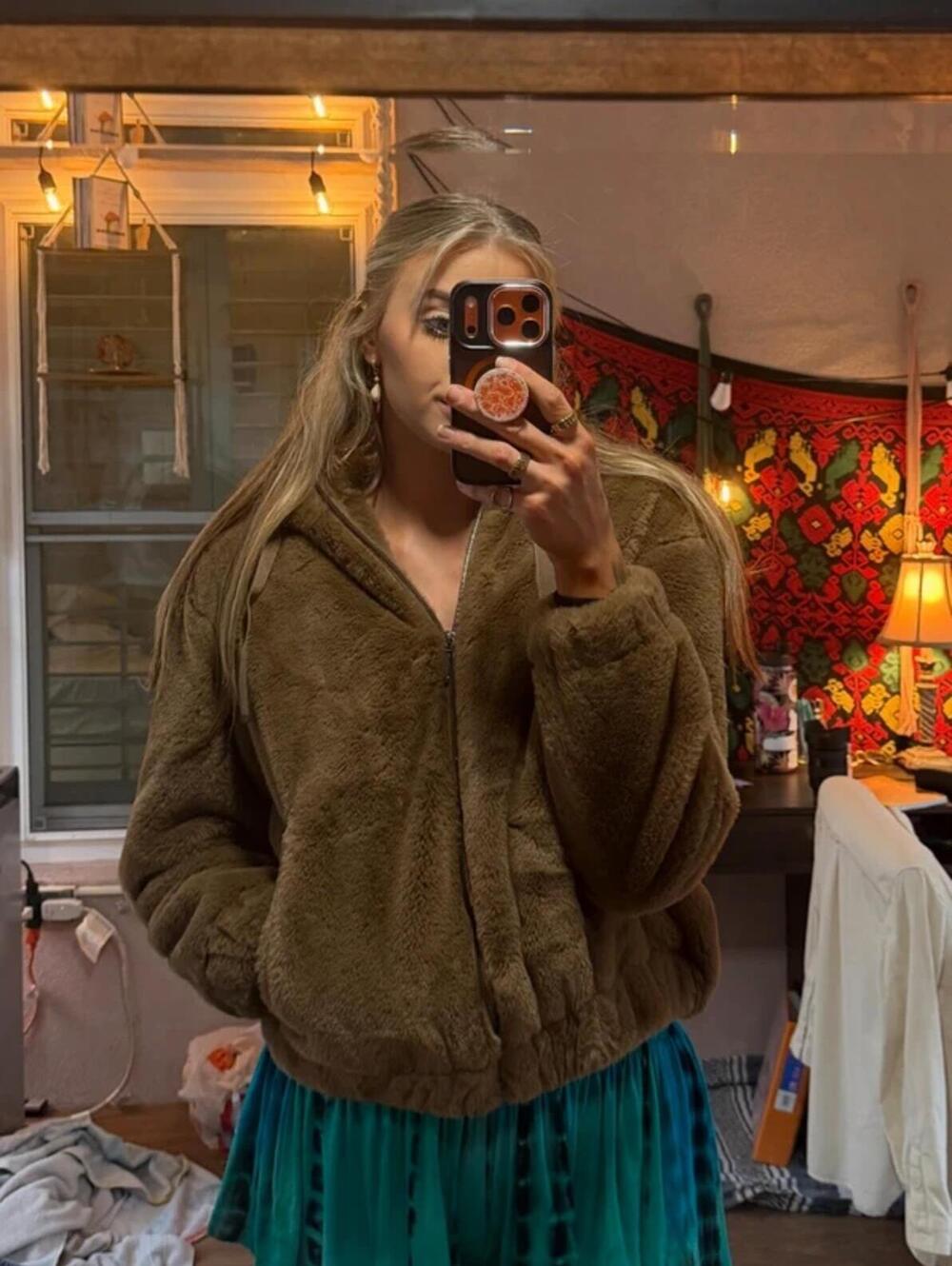 Weatherproof Brown Faux Fur Hooded Zip Jacket Size Small Cozy Teddy Hoodie